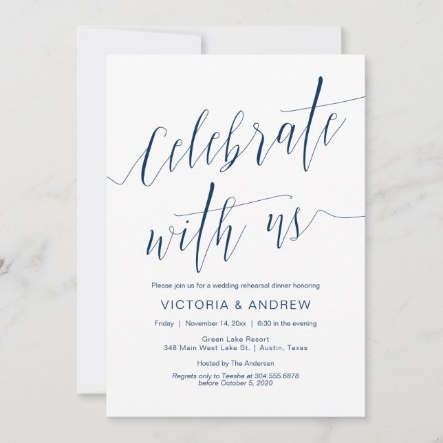 Wedding Rehearsal Dinner, Navy Blue Calligraphy Invitation (Front)