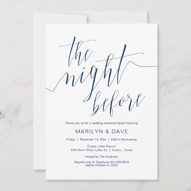Wedding Rehearsal Dinner, Navy Blue Calligraphy Invitation (Front)