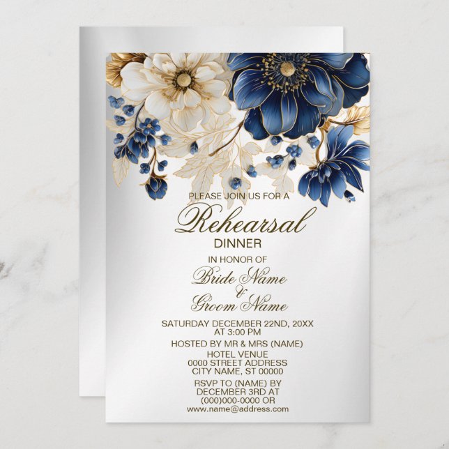 Wedding Rehearsal Dinner Navy Blue White Floral Invitation (Front/Back)