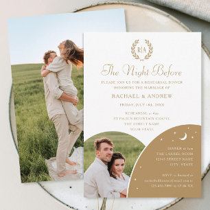Wedding Rehearsal Dinner Photo Monogram Gold White Invitation
