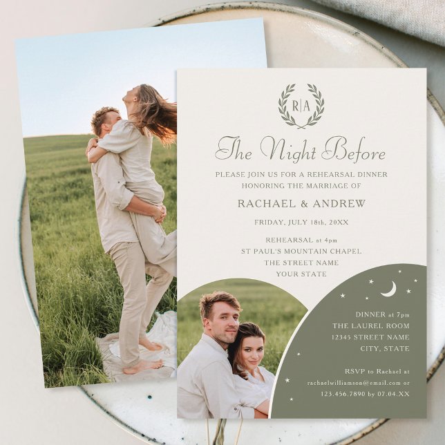 Wedding Rehearsal Dinner Photo Monogram Green Invitation (Creator Uploaded)
