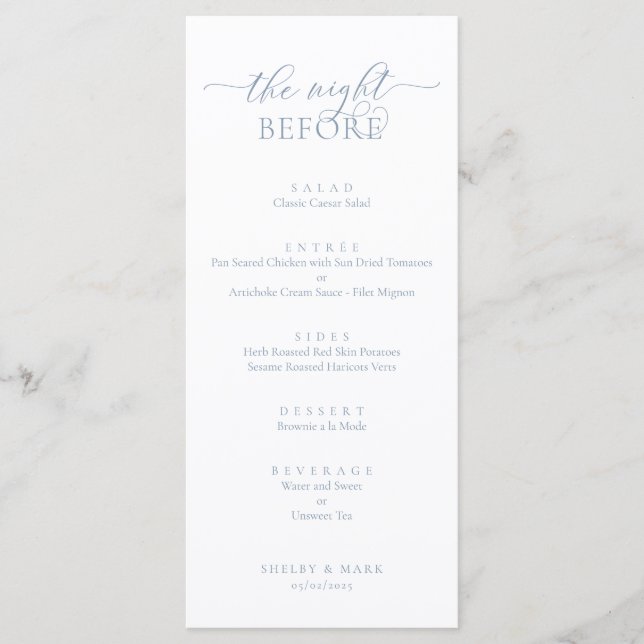 Wedding Rehearsal Dinner, Romantic Dusty Blue Menu (Front)