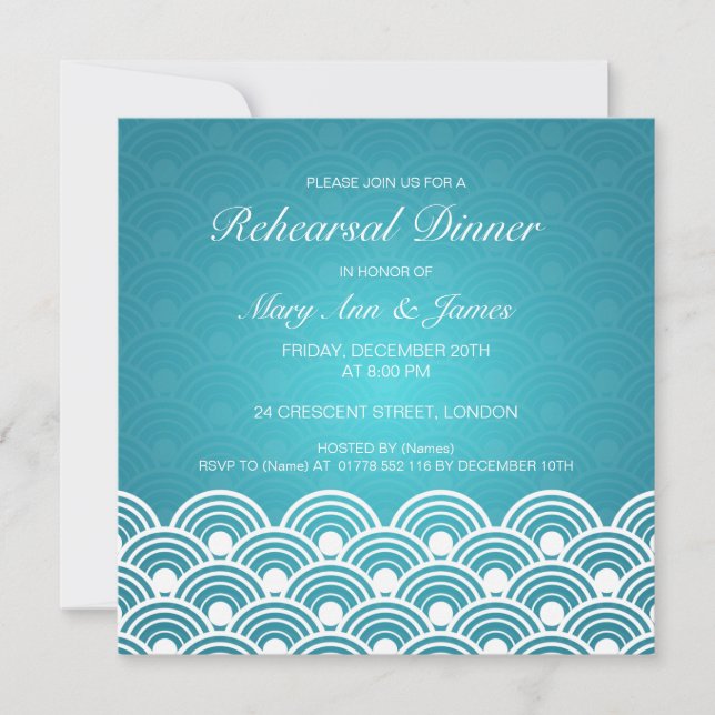 Wedding Rehearsal Dinner Scalloped Pattern Blue Invitation (Front)