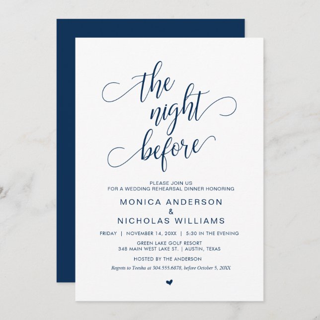 Wedding Rehearsal Dinner, Simple Navy Blue Script Invitation (Front/Back)