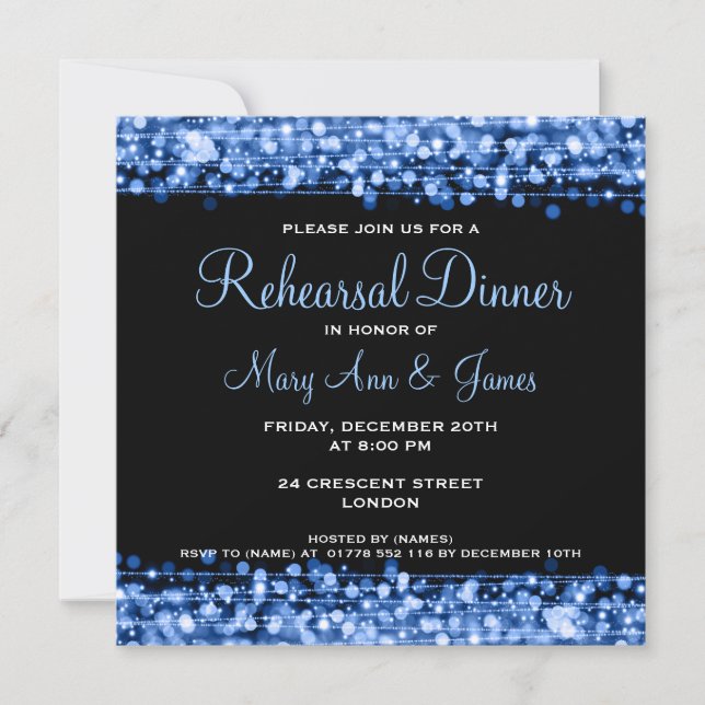 Wedding Rehearsal Dinner Sparkles Blue Invitation (Front)