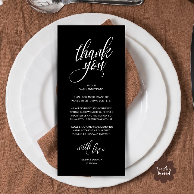 Wedding Rehearsal Dinner Thank You Card (Modern Romantic Wedding Reception Dinner Thank You Card in Black White)