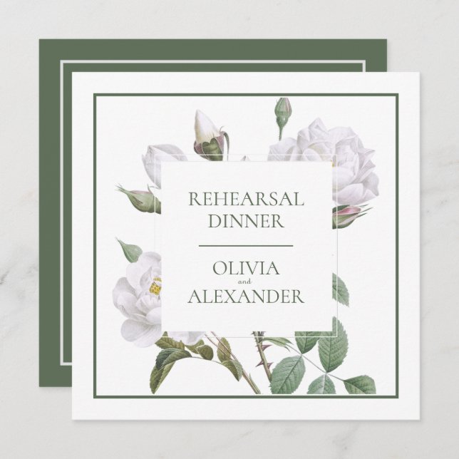 Wedding Rehearsal Dinner White Roses Invitation (Front/Back)