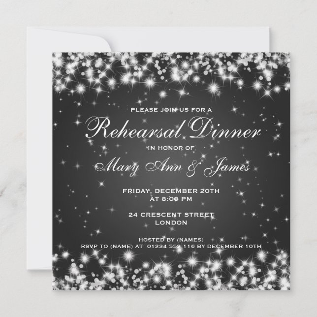 Wedding Rehearsal Dinner Winter Sparkle Black Invitation (Front)