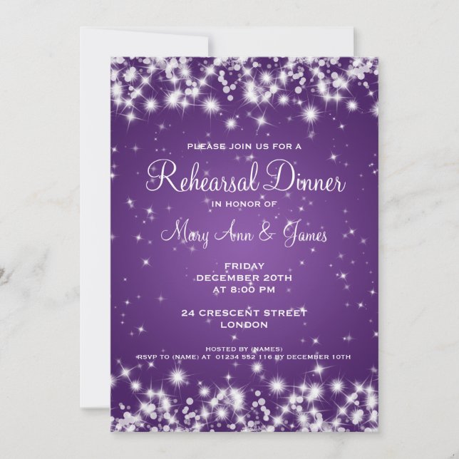 Wedding Rehearsal Dinner Winter Sparkle Purple Invitation (Front)