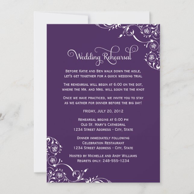 Wedding Rehearsal | Elegant Scrolls Dark Purple Invitation (Front)