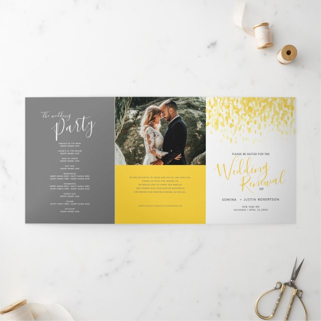 Wedding renewal ceremony yellow grey program Tri-Fold programme (Outside)