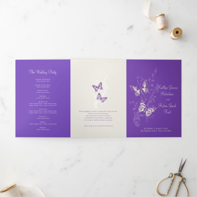 Wedding renewal program purple butterflies Tri-Fold programme (Outside)