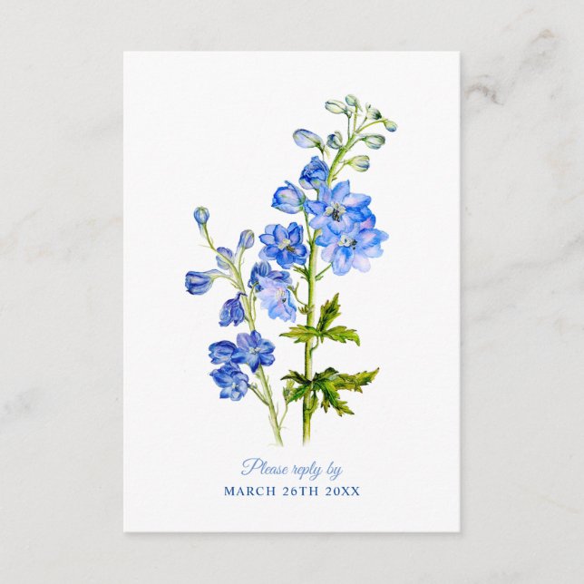 Wedding reply blue delphinium flowers enclosure card (Front)