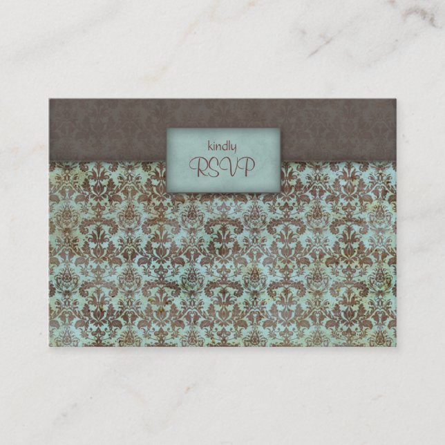 Wedding reply card damask turquoise blue brown (Front)