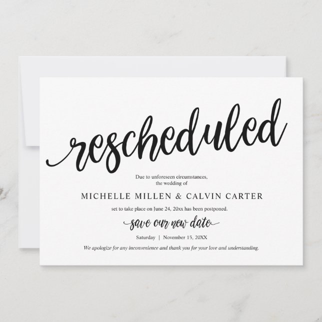Wedding Rescheduled, Black, Announcement Card (Front)