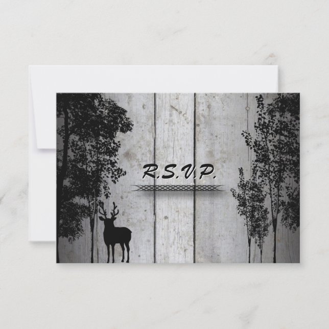 Wedding Response RSVP Card Rustic Board Deer Trees (Front)