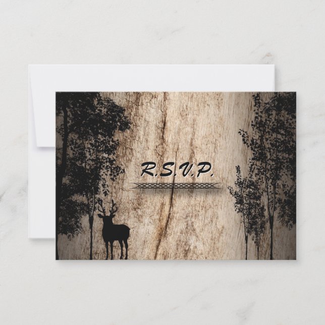 Wedding Response RSVP Card Rustic Board Deer Trees (Front)