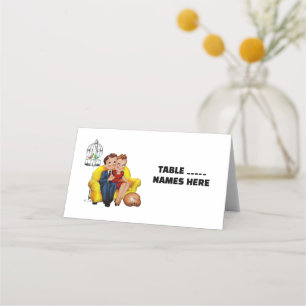 WEDDING retro couple with cat Folded Place Cards