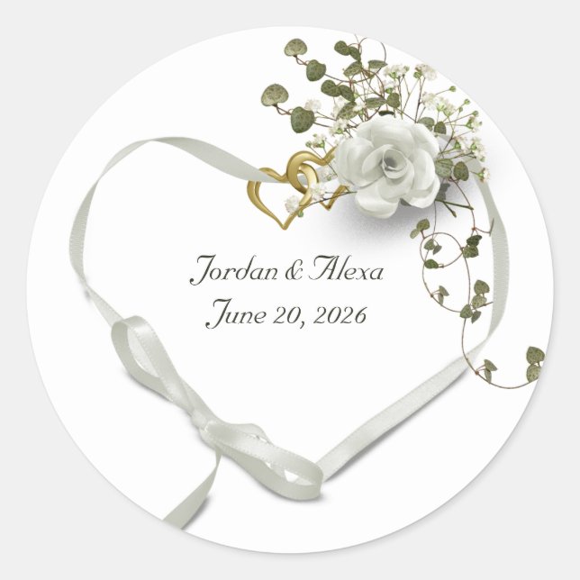 wedding ribbon heart with rose and ivy classic round sticker (Front)
