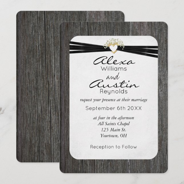 Wedding Ribbon in Gold Heart on Wood Invitation (Front/Back)