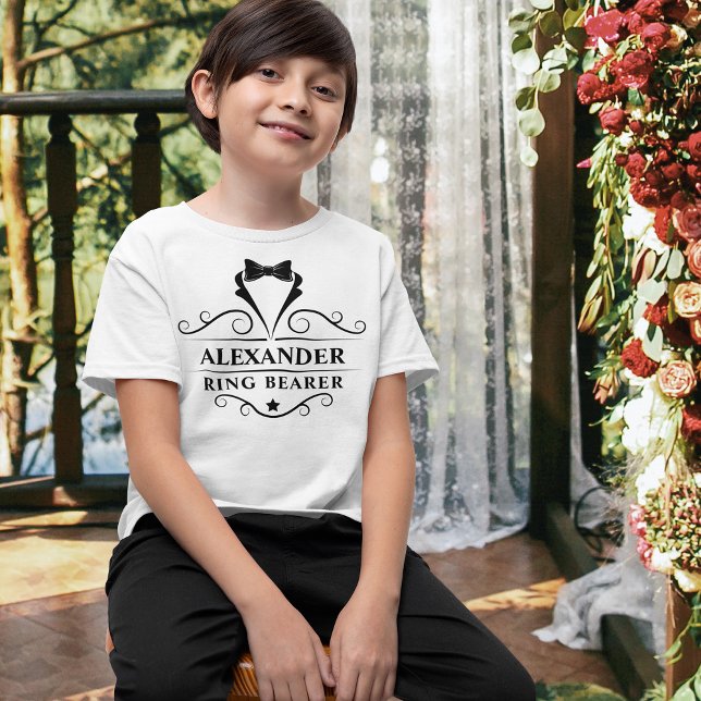 Wedding Ring Bearer Black Tuxedo Tie White T-Shirt (Several sizes and colors to choose from.)