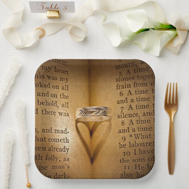 Wedding Ring Heart Shadow On Bible  Paper Plate (Wedding)