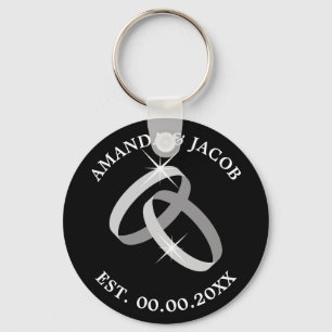 Wedding ring keychain with date and couple's name