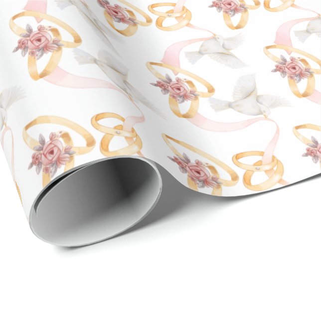 Wedding Rings and Birds Watercolor Wrapping Paper (Roll Corner)