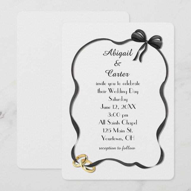 Wedding Rings and Bow Frame On White Invitation (Front/Back)
