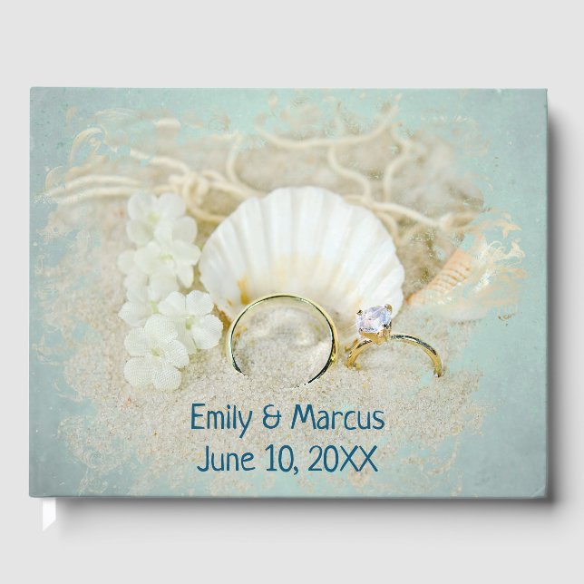Wedding Rings and Seashell In Sand Guest Book (Front)