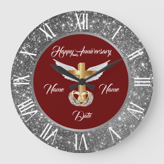 Wedding Rings Customise Silver Cross Anniversary Large Clock (Front)