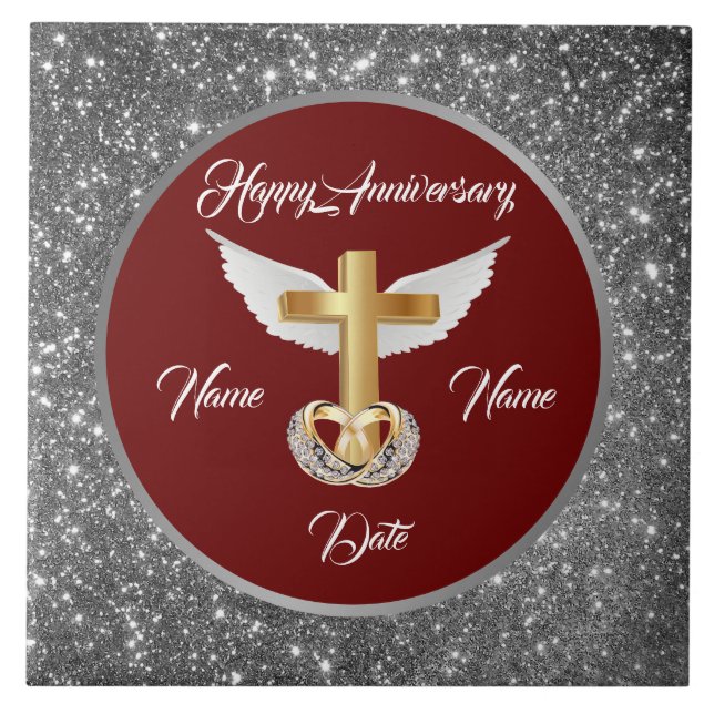 Wedding Rings Customise Silver Cross Anniversary Tile (Front)