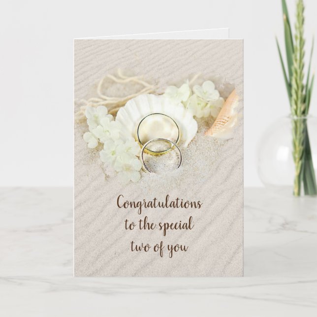 Wedding Rings in Seashell and Sand Card (Front)