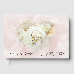 Wedding Rings in Seashell and Sand Guest Book