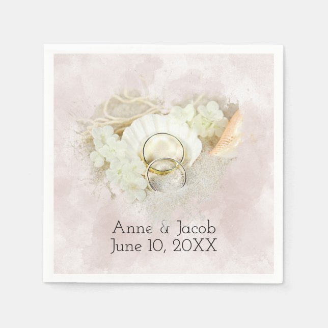 Wedding Rings in Seashell and Sand Heart  Napkin (Front)