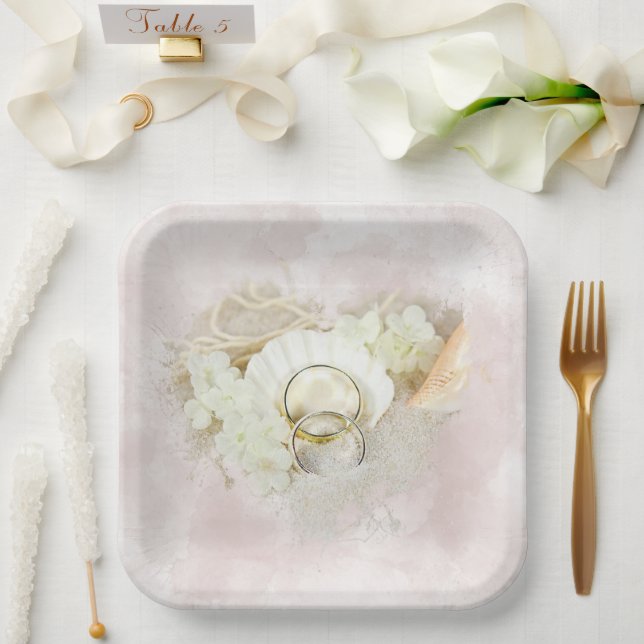 Wedding Rings in Seashell and Sand Heart  Paper Plate (Wedding)