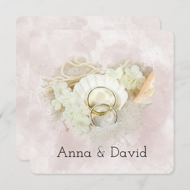 Wedding Rings in Seashell beach Heart Invitation (Front/Back)