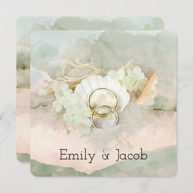 Wedding Rings in Seashell Beach Heart  Invitation (Front/Back)