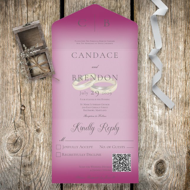 Wedding Rings Modern Fuchsia Pink QR Code All In One Invitation (Creator Uploaded)