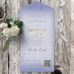 Wedding Rings Modern Periwinkle QR Code All In One Invitation<br><div class="desc">AVAILABLE WITH OR WITHOUT A QR CODE TO SCAN. This simple yet elegant design has a modern look, with two interlocked gold wedding rings on a soft white blur overlay on a soft periwinkle blue background. Personalised All-In-One invitations are a unique combination of both a beautifully printed custom invitation with...</div>