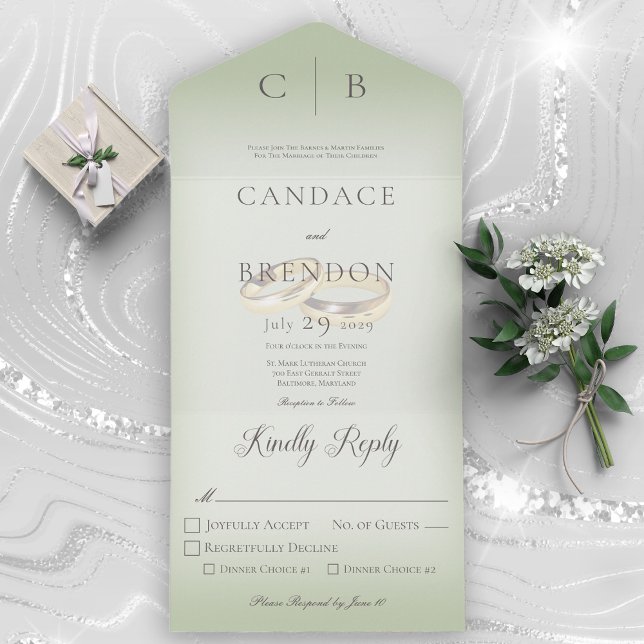 Wedding Rings Modern Sage Green Dinner All In One Invitation (Creator Uploaded)