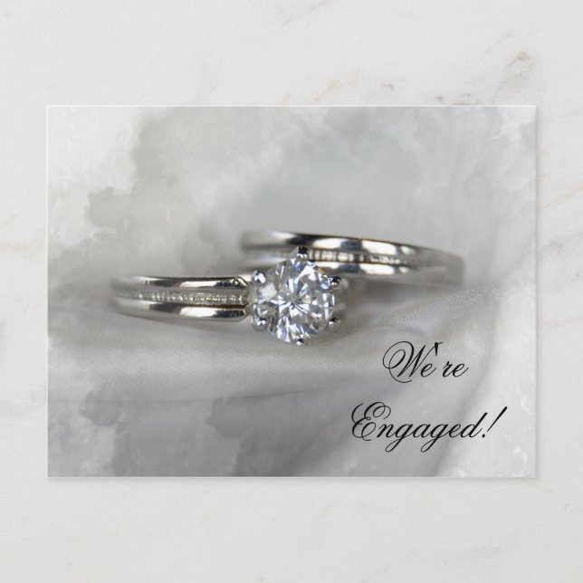 Wedding Rings on Grey Engagement Announcement Postcard (Front)