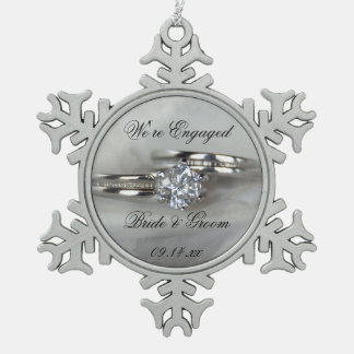 Wedding Rings on Grey Engagement Snowflake Pewter Christmas Ornament