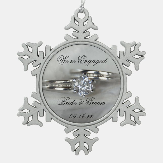 Wedding Rings on Grey Engagement Snowflake Pewter Christmas Ornament (Front)