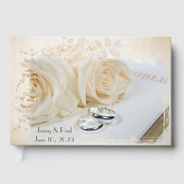 Wedding Rings on White Bible Guest Book (Front)