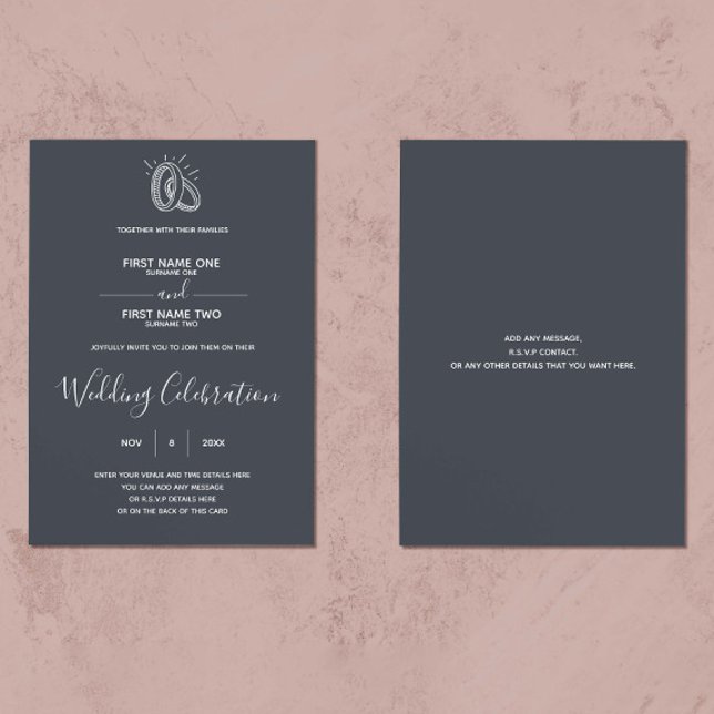 Wedding rings wedding invitation (Contemporary wedding invitation, featuring an elegant script and run drawn wedding rings)