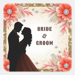 Wedding Romance With Peach Floral Square Sticker