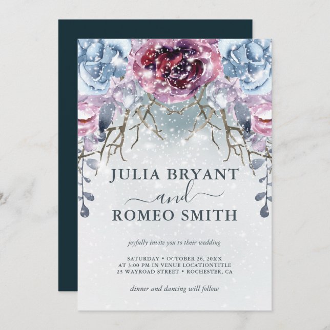 Wedding Romantic Winter Floral Snow Invitation (Front/Back)