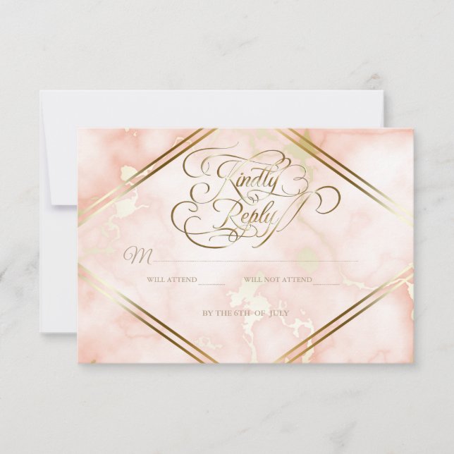 Wedding Rose and Gold Marble Ornate Calligraphy RSVP Card (Front)