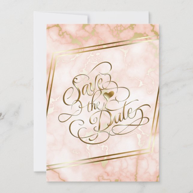 Wedding Rose and Gold Marble Ornate Calligraphy Save The Date (Front)